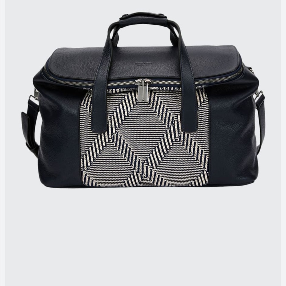 Authentic Giorgio Armani Leather and Knit Weekender Bag navy and cream